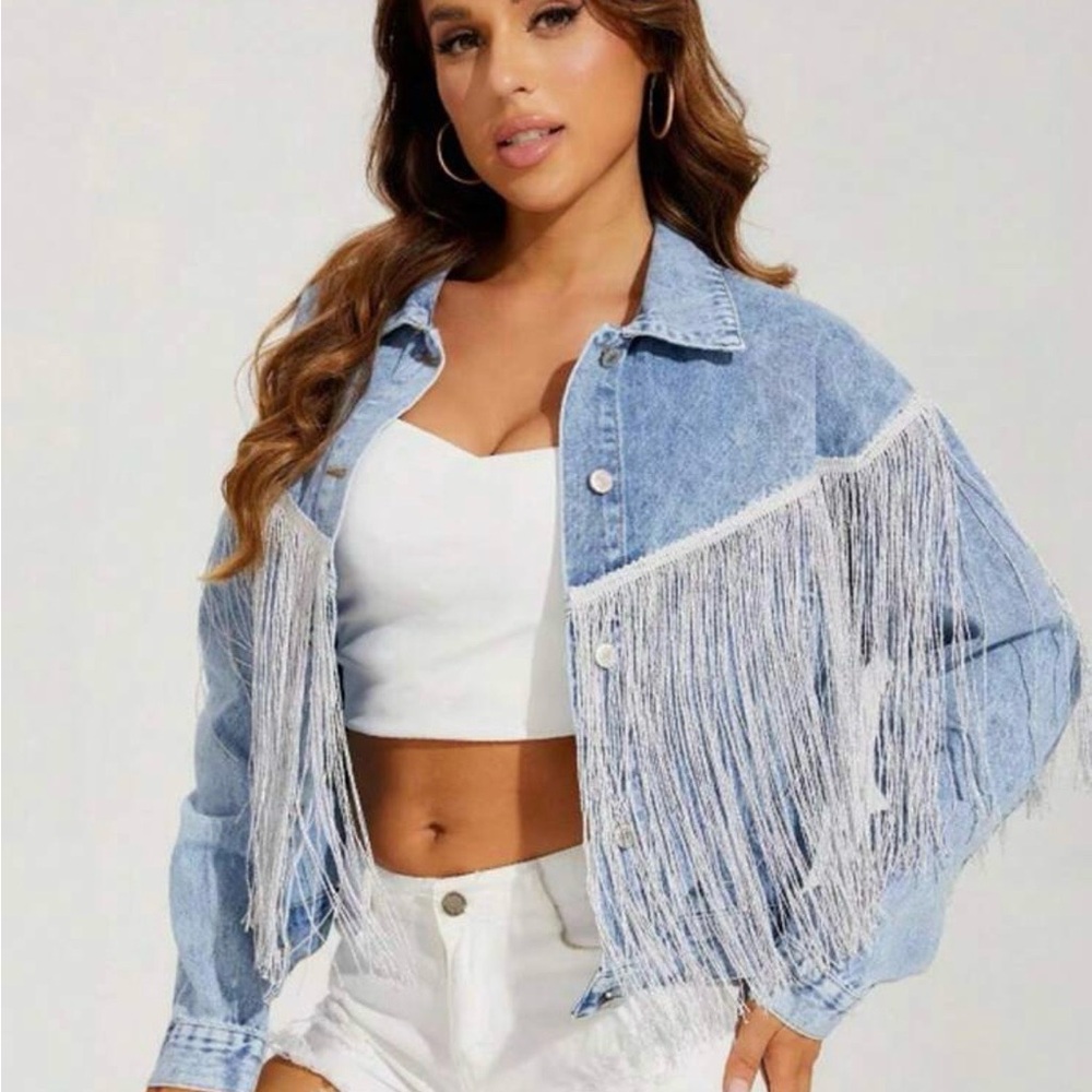 SHEIN Blue Jean Jacket with Fringe